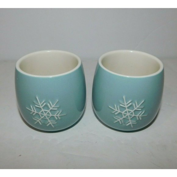 2 Tea Forte AMIE CERAMIC TEACUPS Blue & White Snowflake Design 6 oz UNUSED - Picture 2 of 6